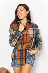 Double Take Plaid Curved Hem Shirt Jacket with Breast Pockets Plaid OutfitFlow